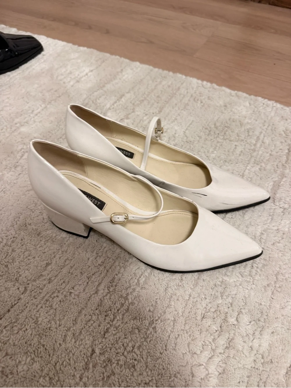 Nine West White Pointed Mary Jane Pumps with Low Block Heel
